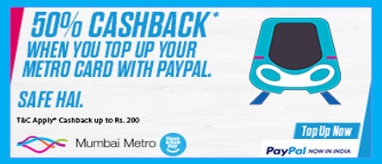India Desire : Mumbai Metro Card Recharge Offer: Get 50% Cashback Upto Rs 200 On Metro Recharge Via Paypal